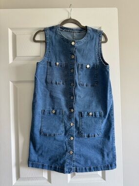 Sleeveless Button-Front Denim Pocket Dress - Blue